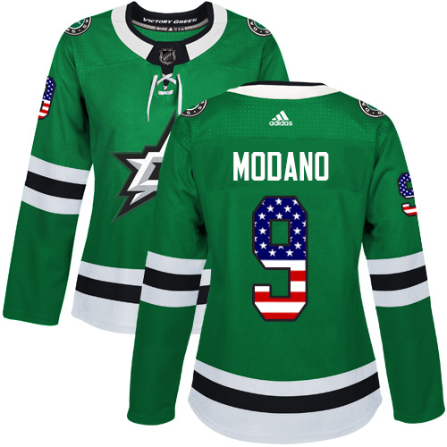 Adidas Stars #9 Mike Modano Green Home Authentic USA Flag Women's Stitched NHL Jersey - Click Image to Close